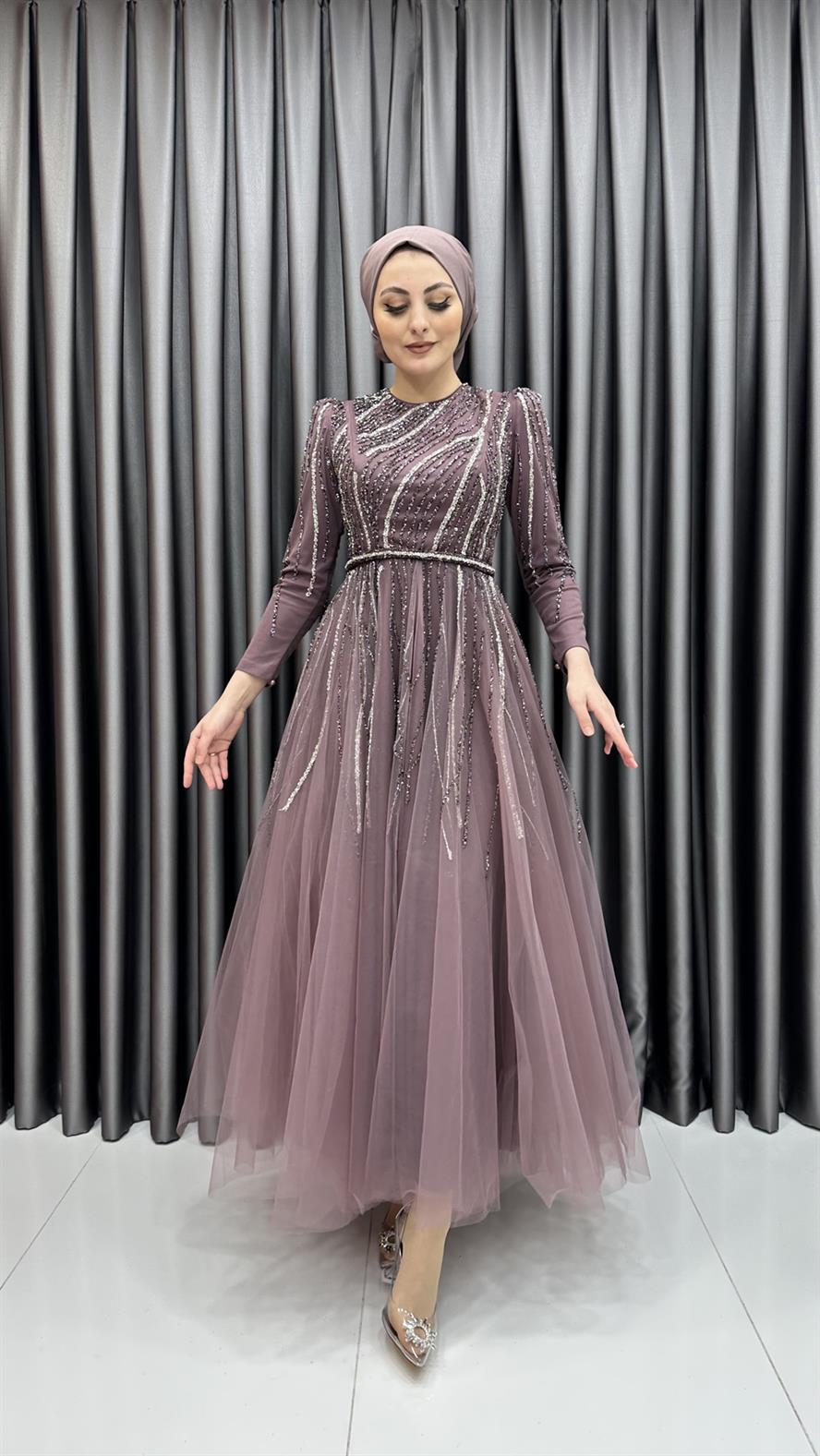 4581 H - Işıltılı Saçak Detaylı Taşlı Tül Abiye Elbise-Gül Rengi