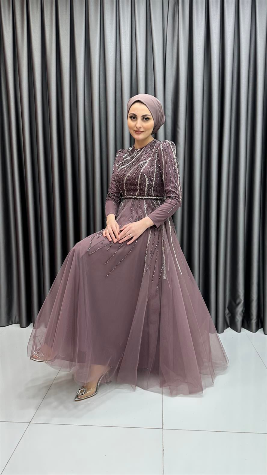 4581 H - Işıltılı Saçak Detaylı Taşlı Tül Abiye Elbise-Gül Rengi
