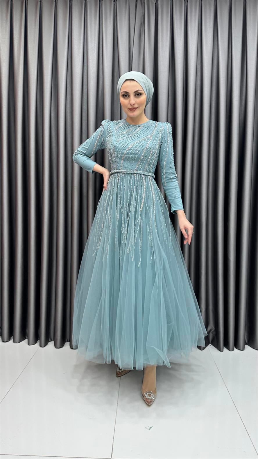 4581 H - Işıltılı Saçak Detaylı Taşlı Tül Abiye Elbise-Mint