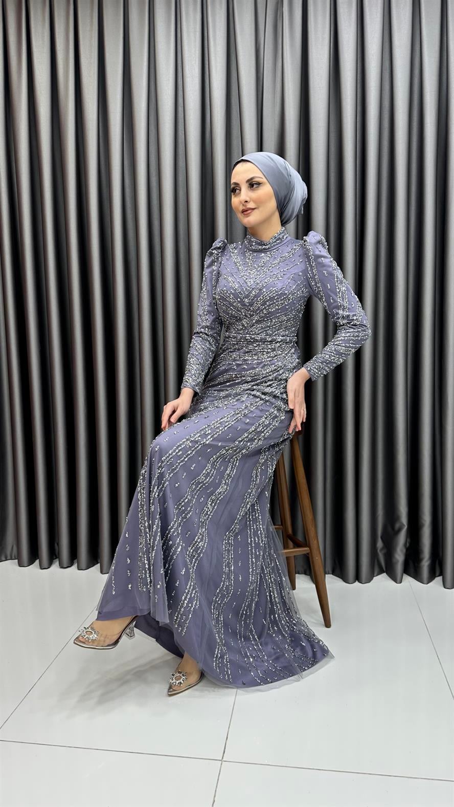 4589 H - Karpuz Kol Detaylı Taşlı Tül Kumaş Abiye Elbise-Lila