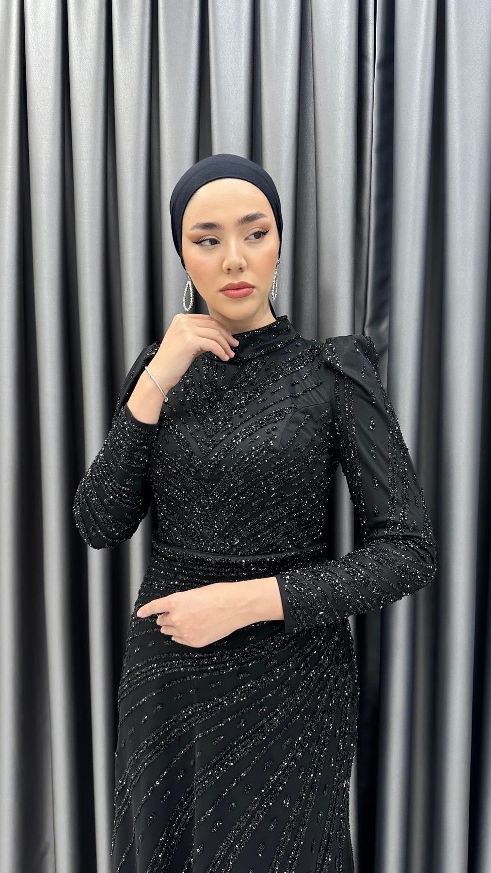 4589 H - Karpuz Kol Detaylı Taşlı Tül Kumaş Abiye Elbise-Siyah