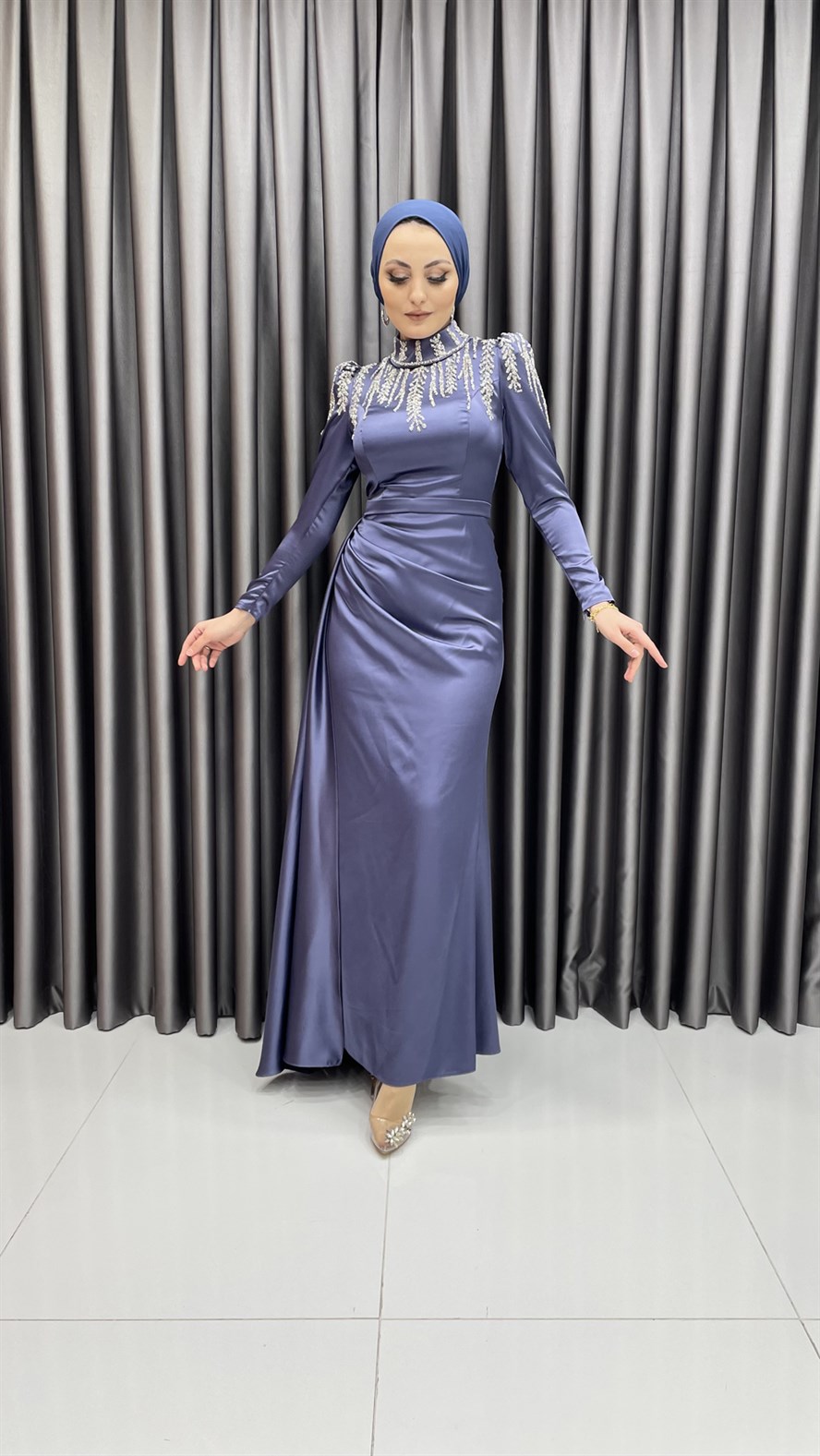 4591 H - Üst Kısmı İşleme Detaylı Saten Abiye Elbise-Mor