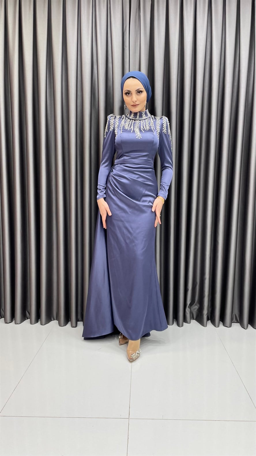 4591 H - Üst Kısmı İşleme Detaylı Saten Abiye Elbise-Mor