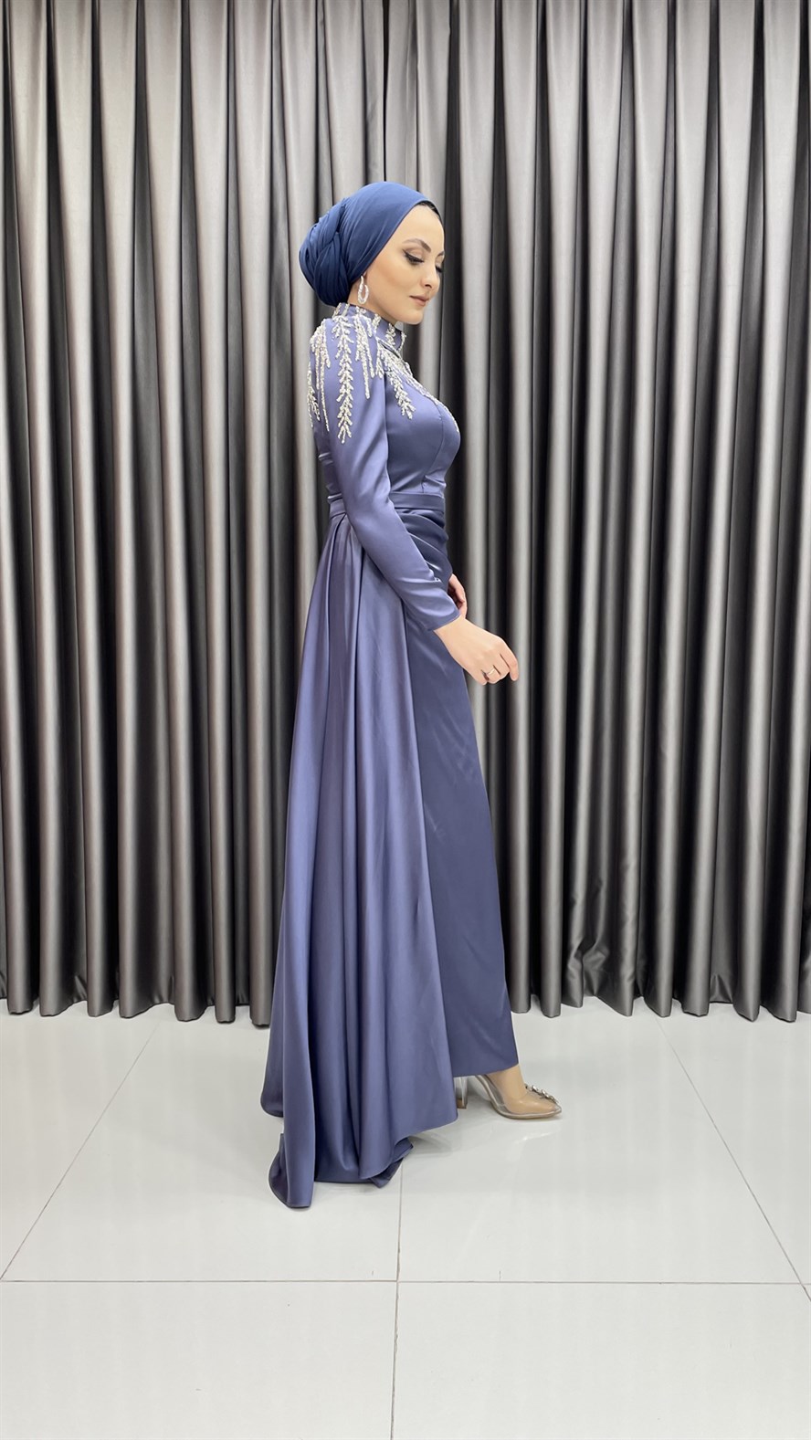 4591 H - Üst Kısmı İşleme Detaylı Saten Abiye Elbise-Mor