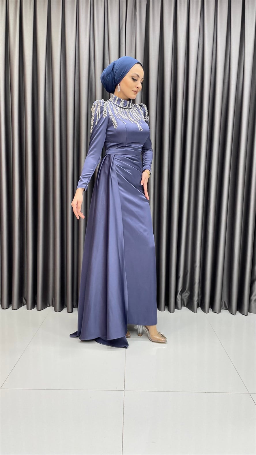 4591 H - Üst Kısmı İşleme Detaylı Saten Abiye Elbise-Mor