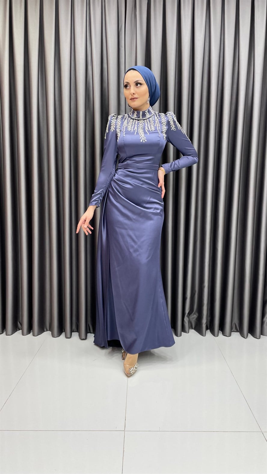 4591 H - Üst Kısmı İşleme Detaylı Saten Abiye Elbise-Mor