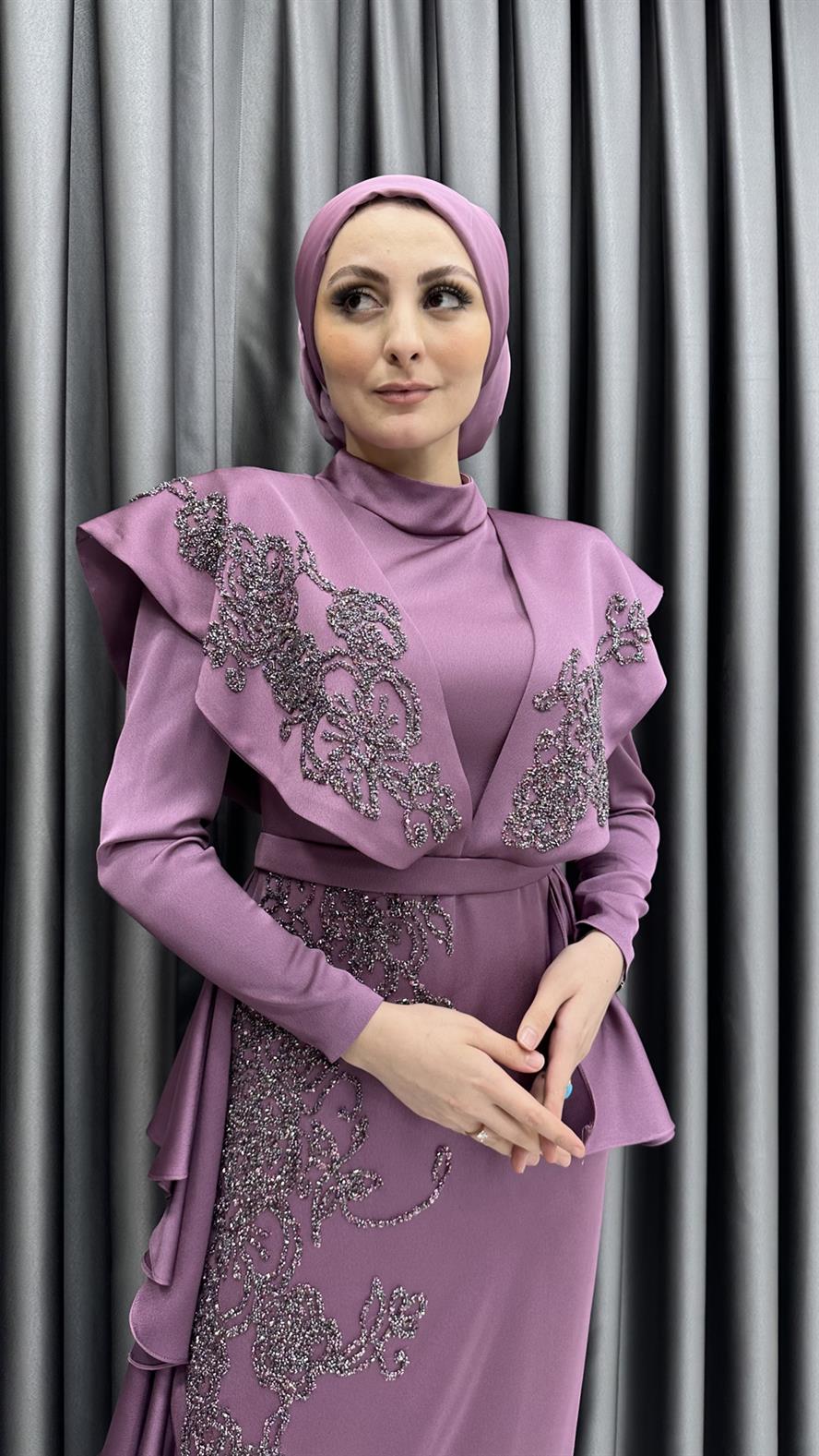 4594 H - İşlemeli V Yaka ve Pile Detaylı Abiye Elbise-Gül Rengi