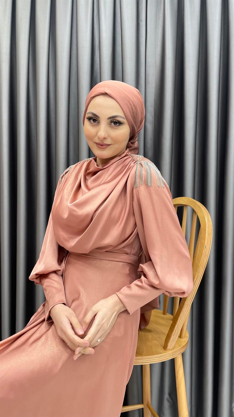 4598 H - Omuzları İşleme Detaylı Karpuz Kollu Degaje Yaka Abiye Elbise-Bisküvi