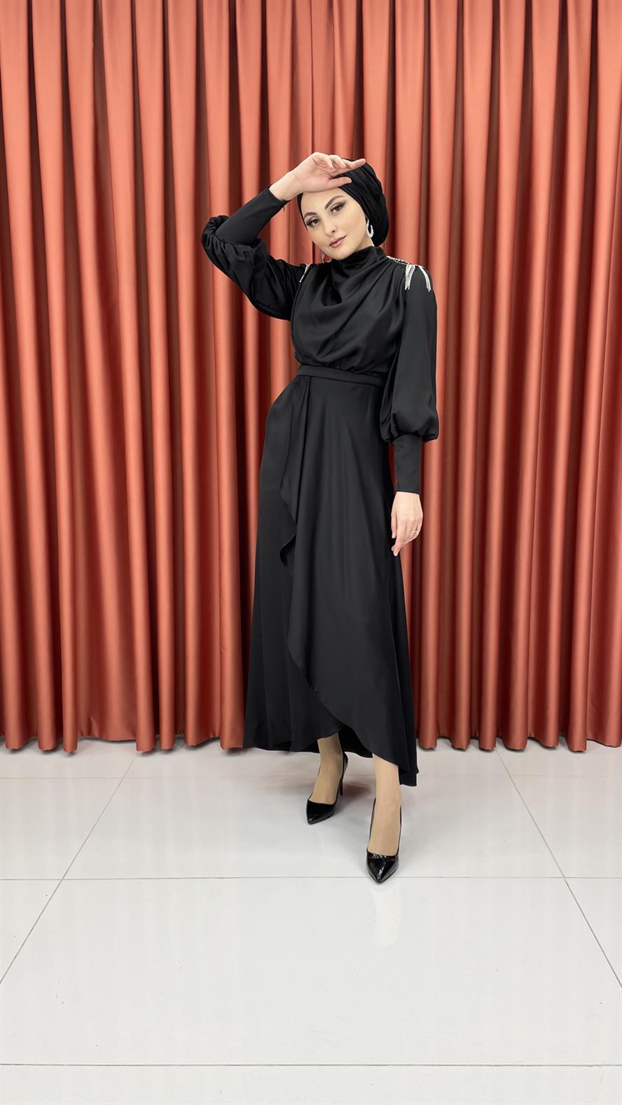 4598 H - Omuzları İşleme Detaylı Karpuz Kollu Degaje Yaka Abiye Elbise-Siyah