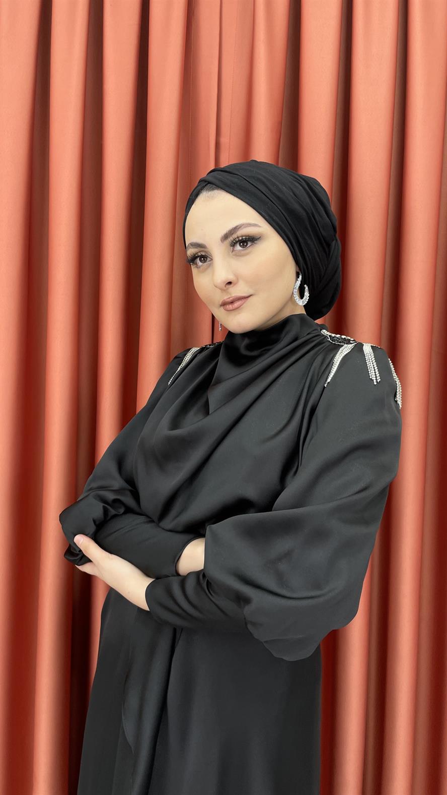 4598 H - Omuzları İşleme Detaylı Karpuz Kollu Degaje Yaka Abiye Elbise-Siyah