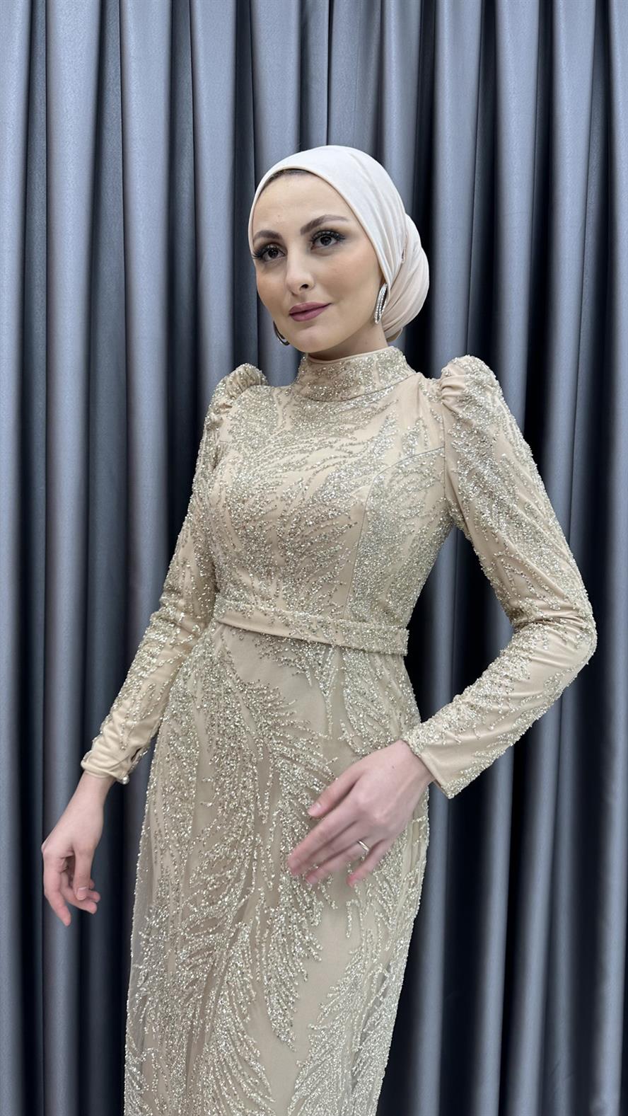 4599 H - İşlemeli ve Karpuz Kollu Taşlı Tül Abiye Elbise-Gold Rengi