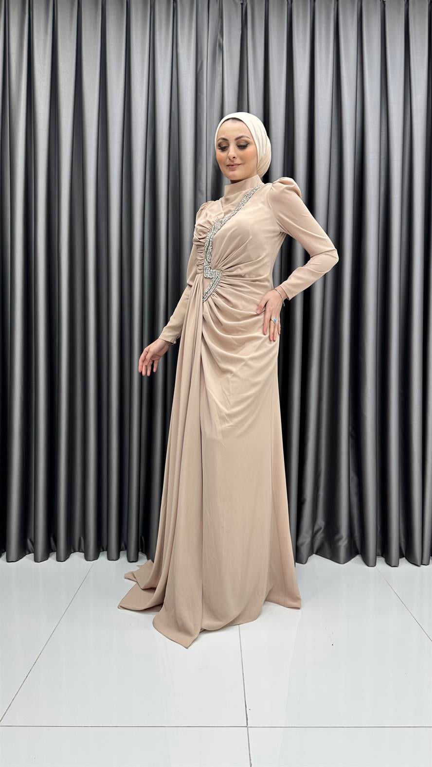 4637 H Abiye Elbise-Bej