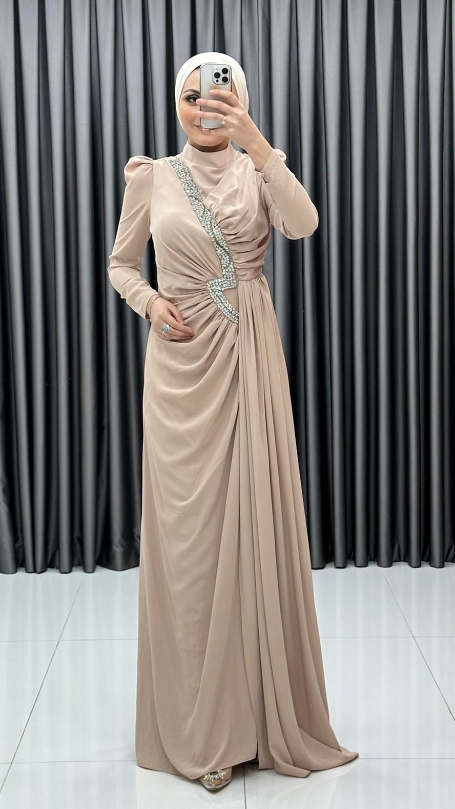 4637 H Abiye Elbise-Bej