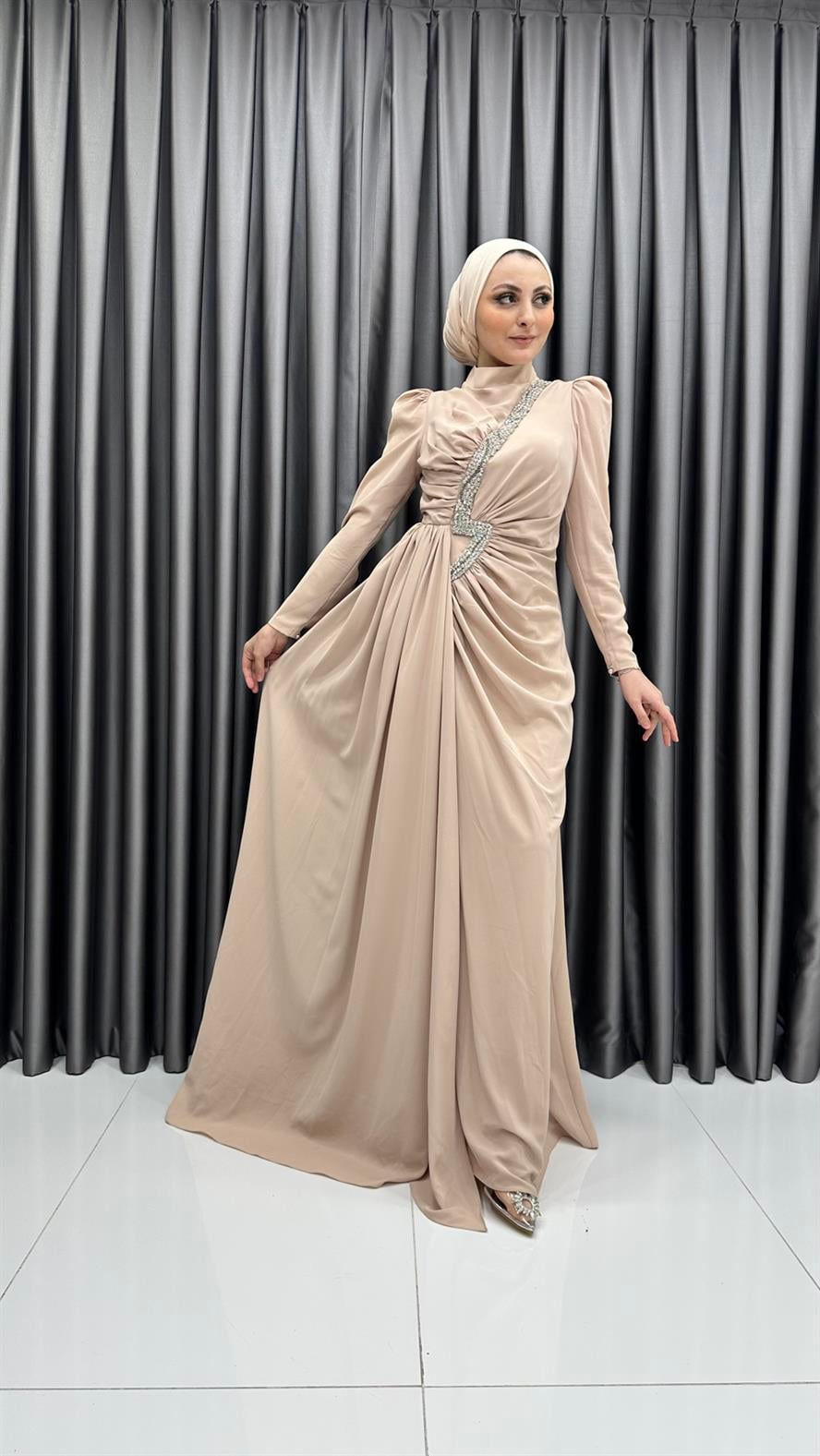 4637 H Abiye Elbise-Bej
