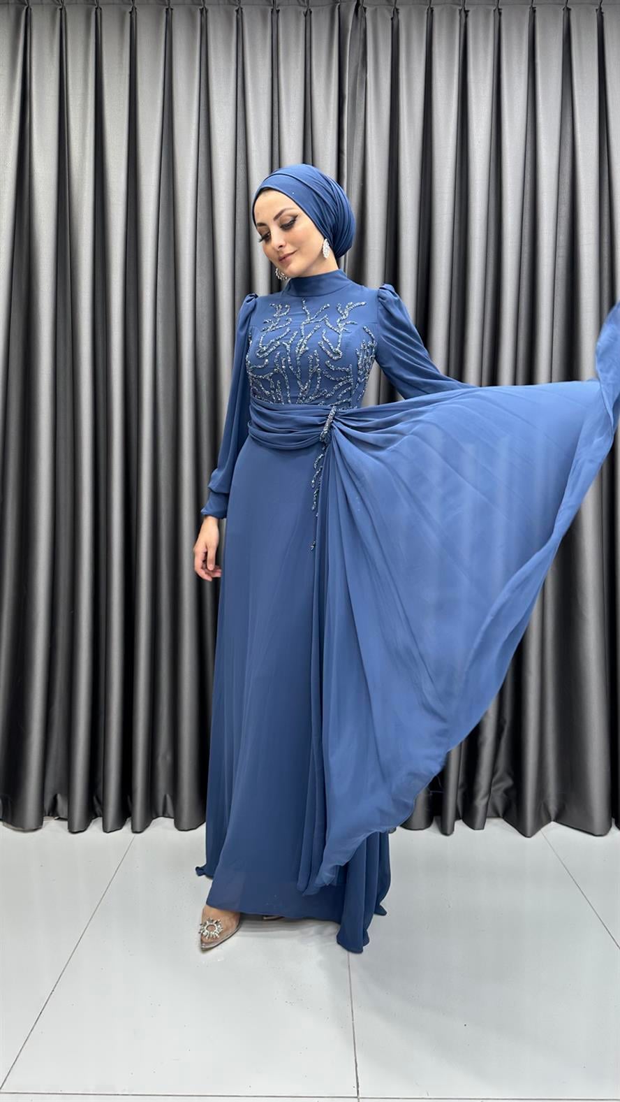 4647 H Abiye Elbise-İndigo Mavi