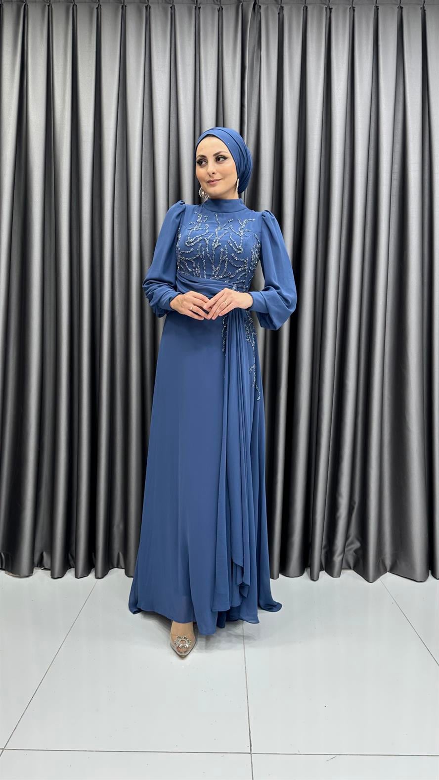 4647 H Abiye Elbise-İndigo Mavi