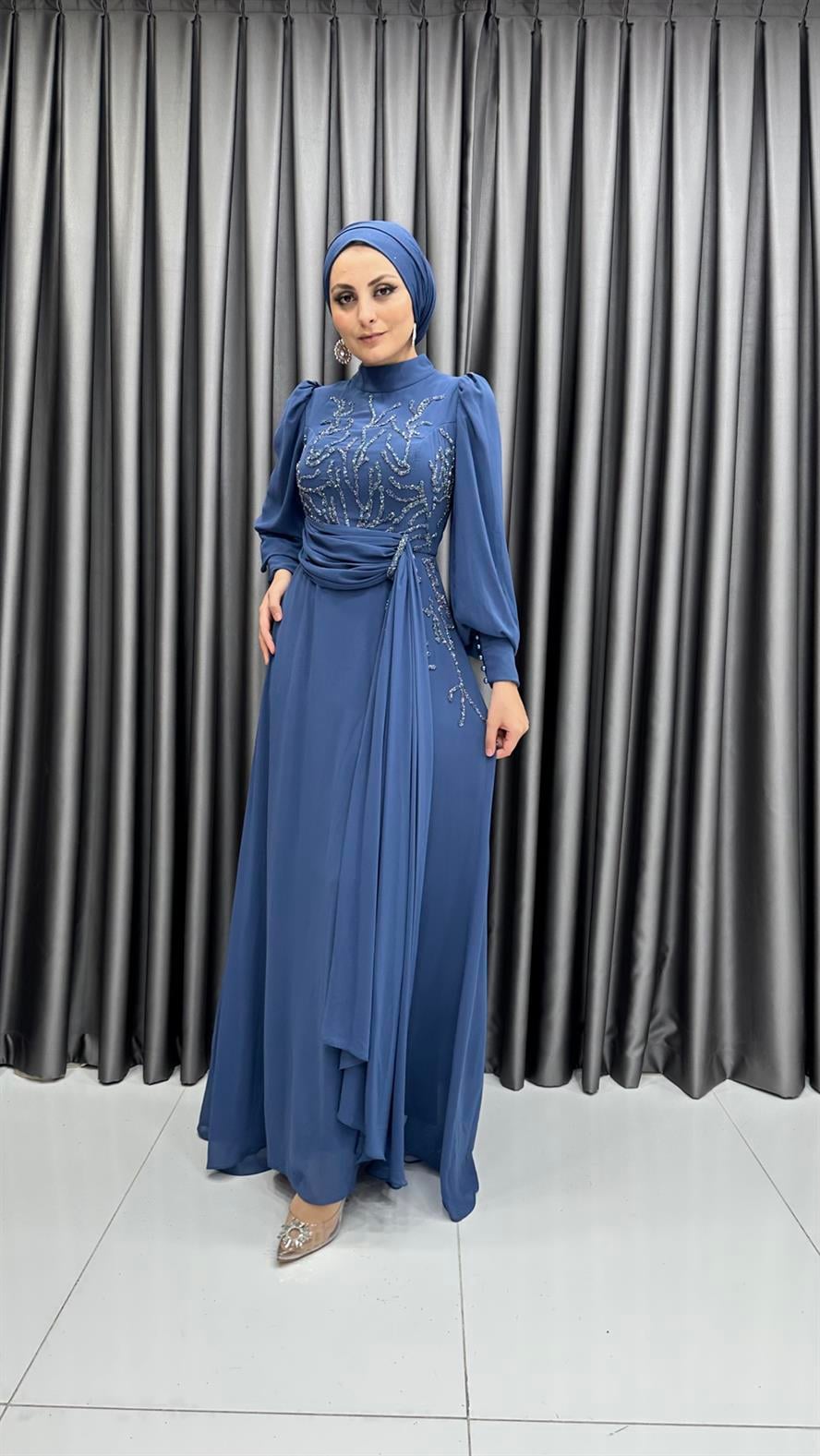 4647 H Abiye Elbise-İndigo Mavi