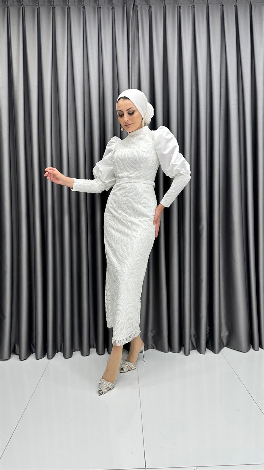 4656 H Abiye Elbise-Beyaz