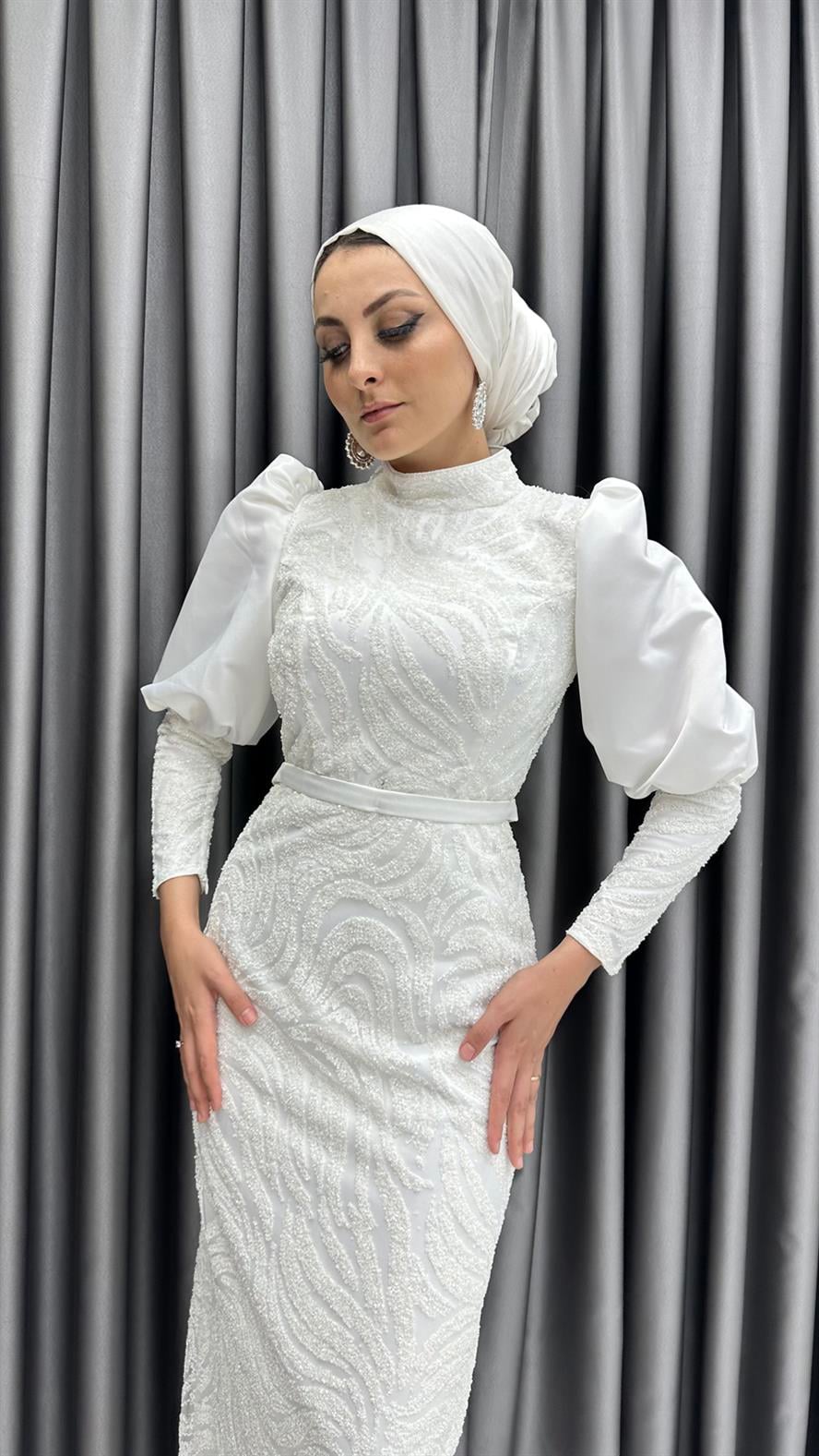 4656 H Abiye Elbise-Beyaz