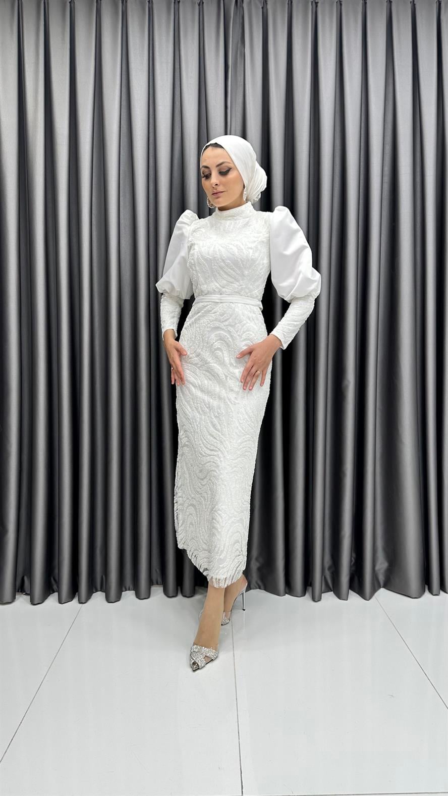 4656 H Abiye Elbise-Beyaz