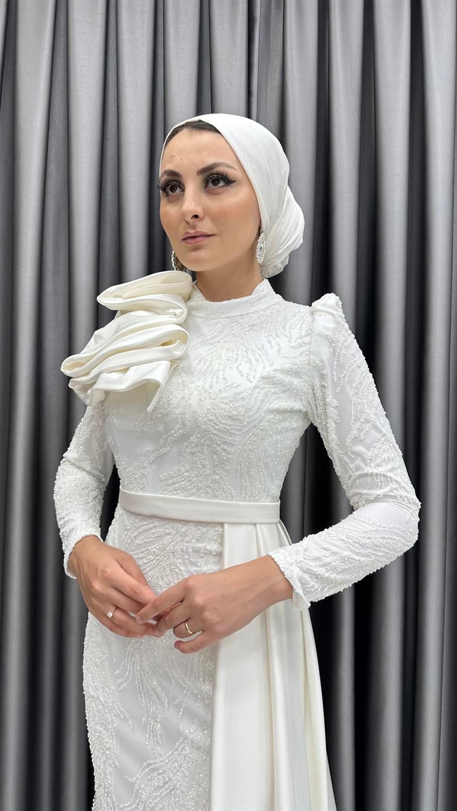 4668 H Abiye Elbise-Beyaz