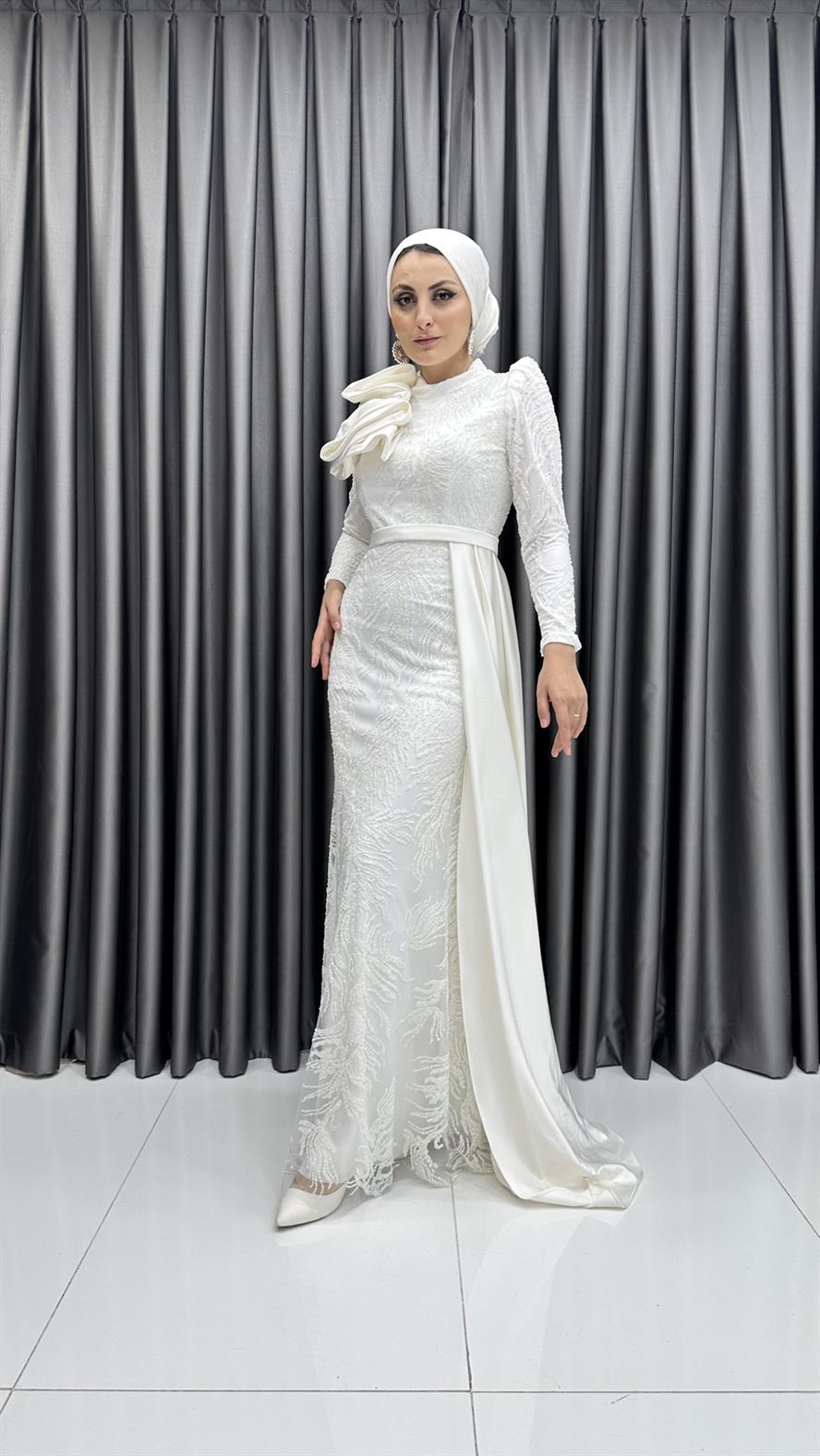4668 H Abiye Elbise-Beyaz