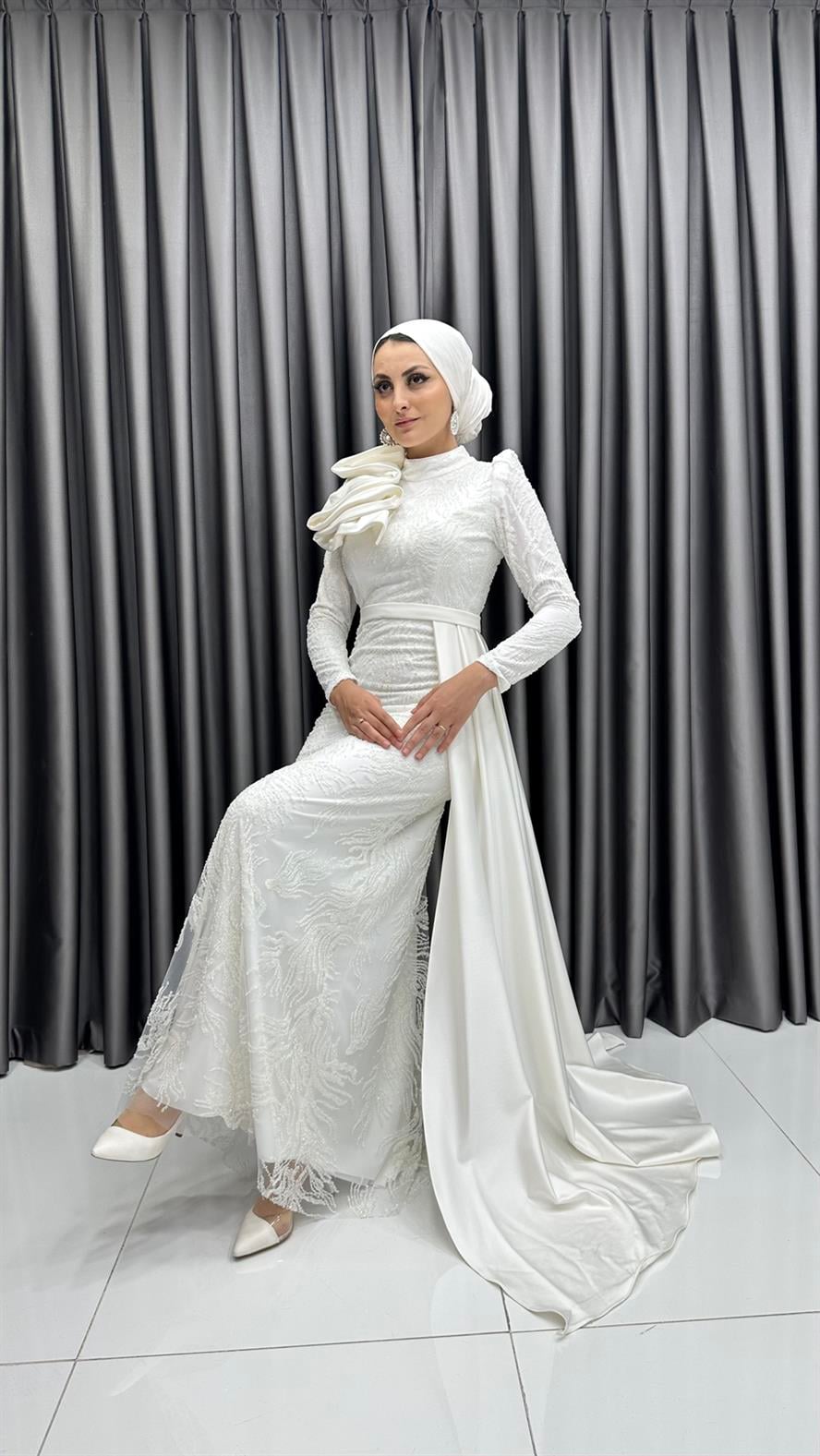 4668 H Abiye Elbise-Beyaz