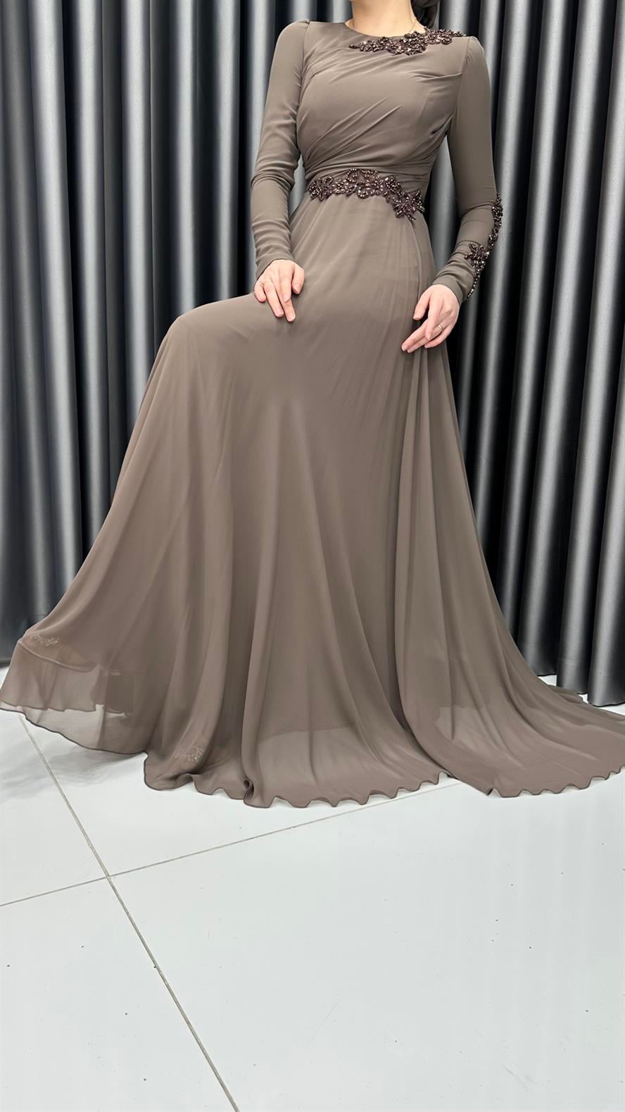 4690 F Abiye Elbise-Kahve Rengi