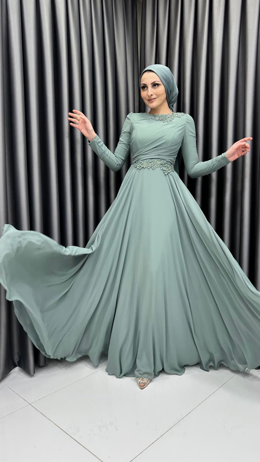 4690 F Abiye Elbise-Yeşil