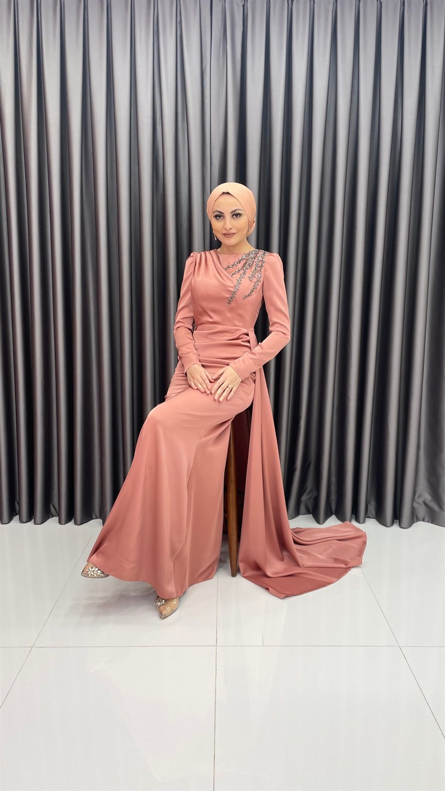 4700 F Abiye Elbise-Gül Rengi