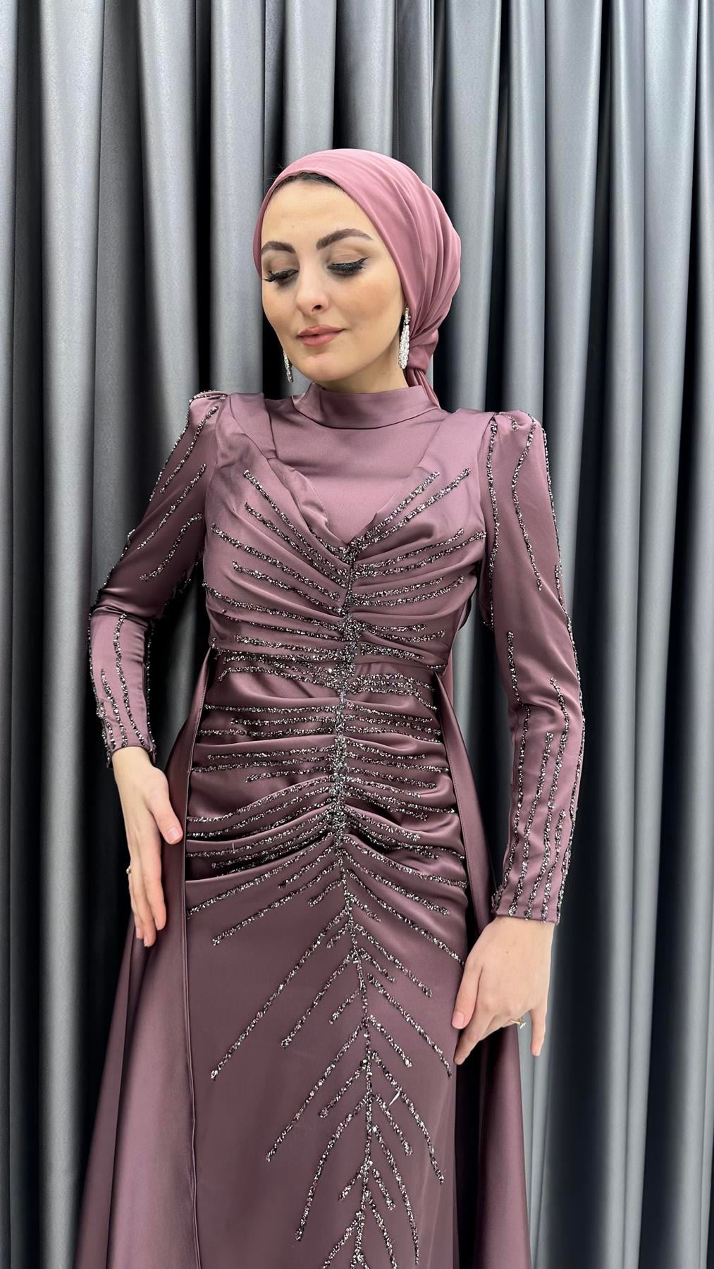 4746 H - MAYA Ek Etek ve Boncuk İşleme Detaylı Karpuz Kollu Saten Abiye Elbise-Marsala