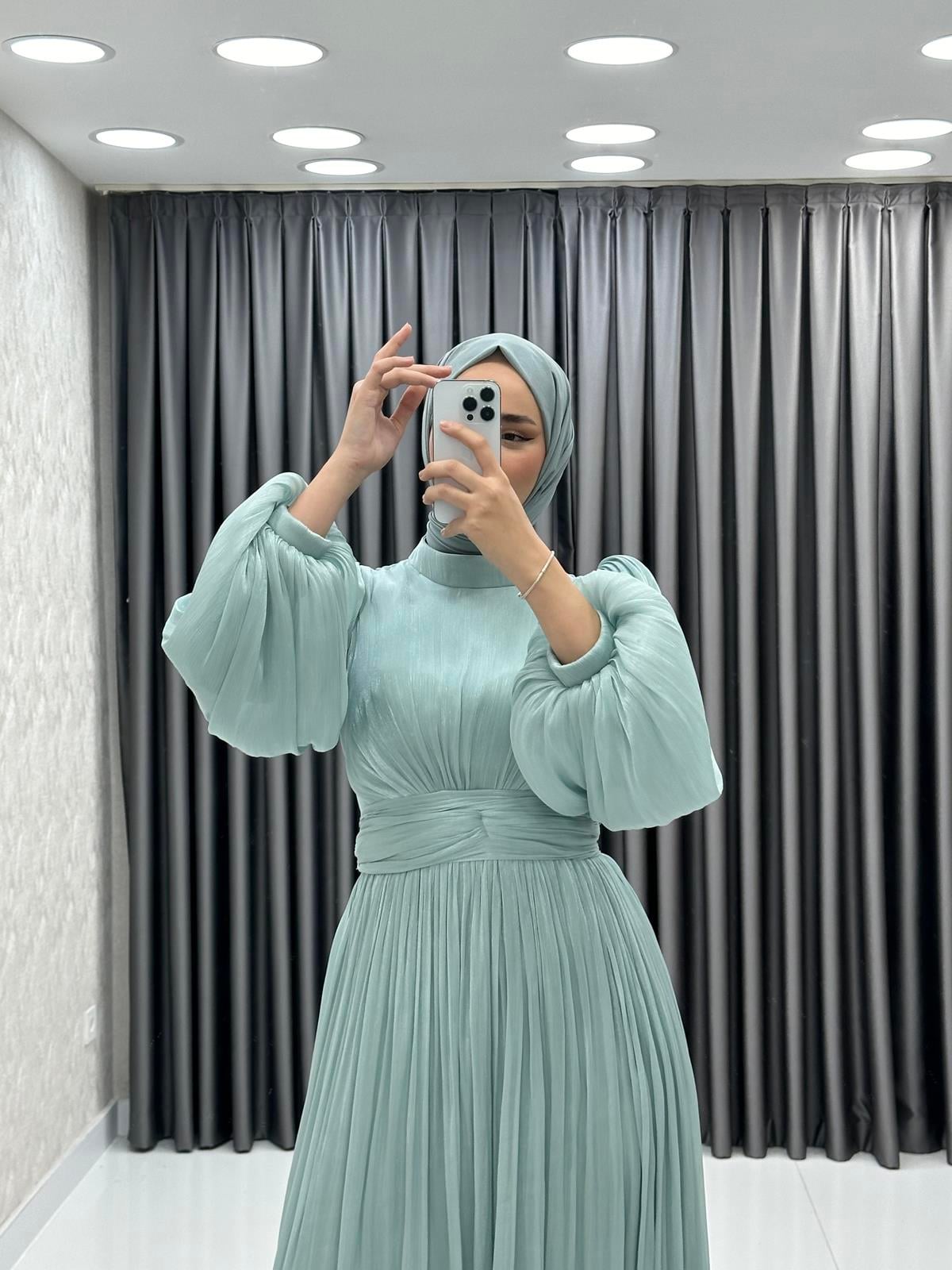 4759 H - ALİNA Balon Kol Detaylı ve Pileli Rahat Kesim Saten Abiye Elbise-Mint