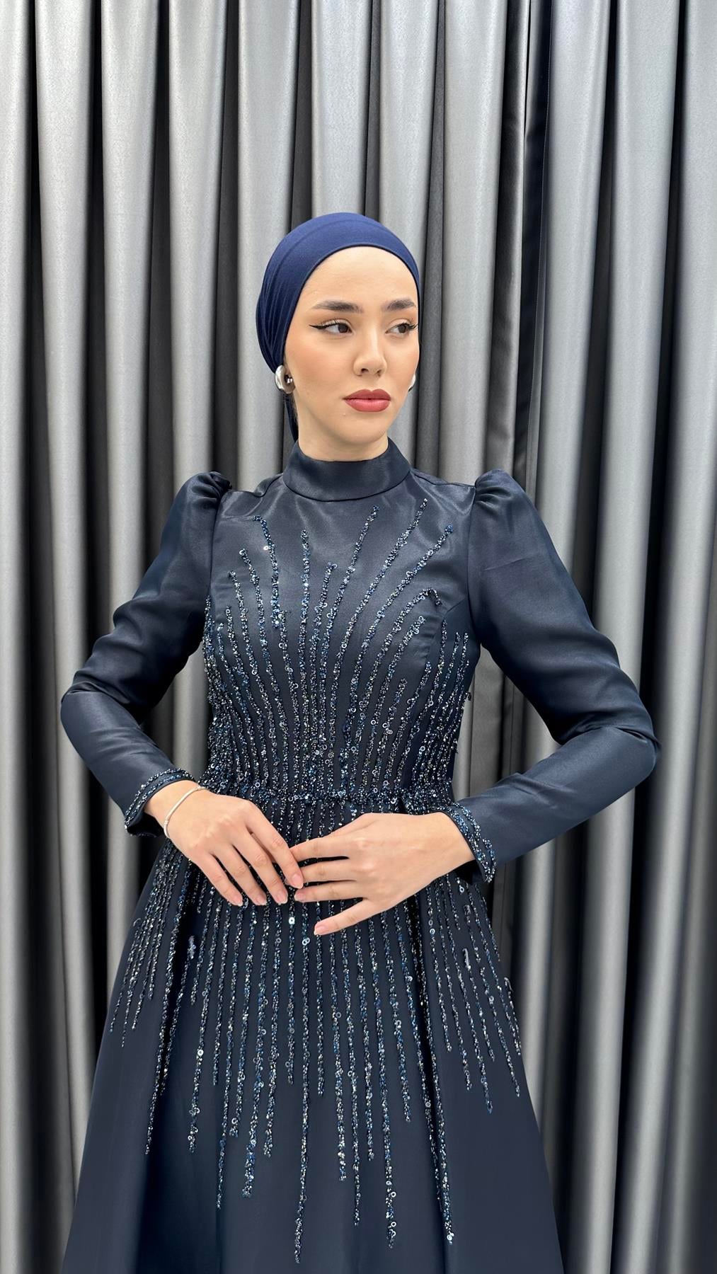4774 H - BİHTER Karpuz Kollu ve Boncuk İşlemeli Prenses Model Tafta Abiye Elbise-Lacivert