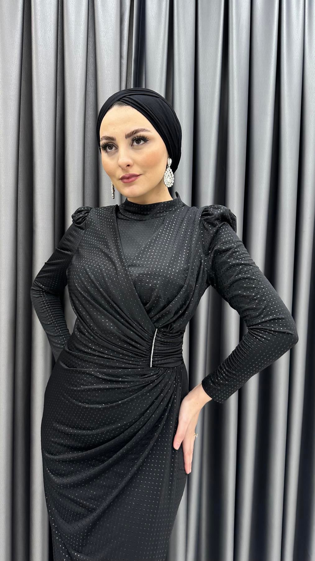 4787 H - ASRIN Drape Görünümlü ve Karpuz Kollu Sandy Kumaş Abiye Elbise-Siyah