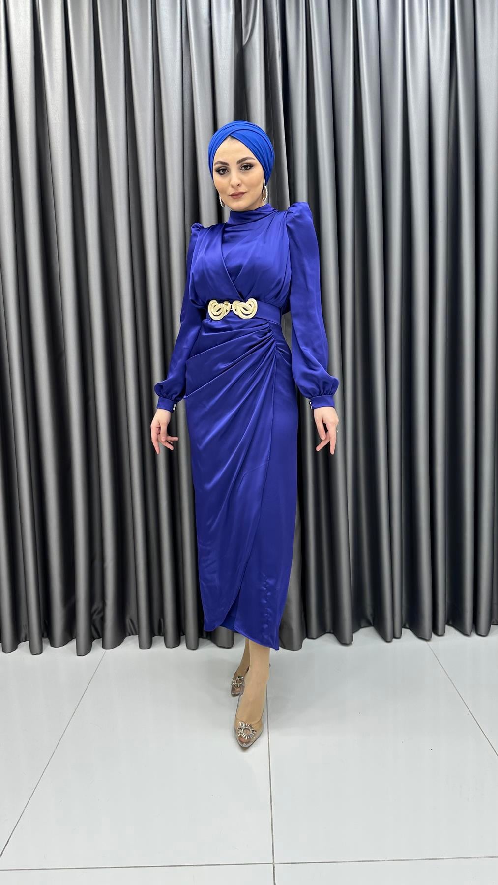 4789 H - MİLLİE Balon Kol ve Kemer Detaylı Saten Abiye Elbise-Saks Mavi