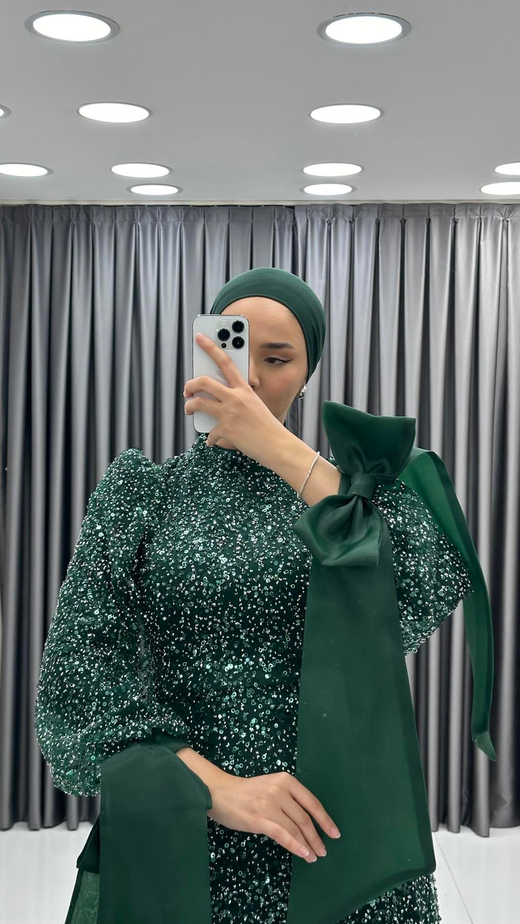 4799 H - TALYA Fiyonklu Balon Kol Detaylı Boncuklu Tül Abiye Elbise-Zümrüt