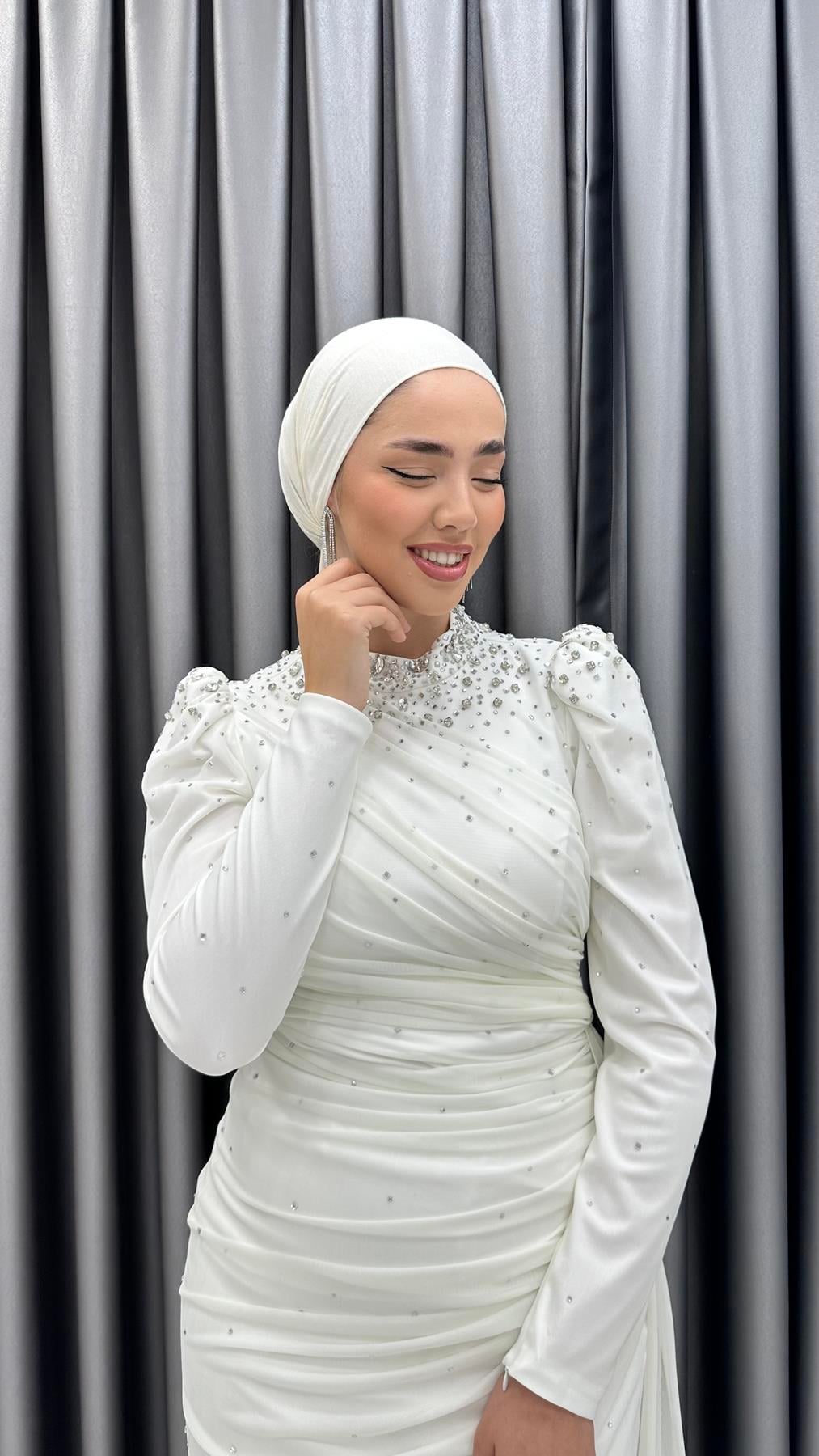 4847 H - EFSUN Pelerin Etek Detaylı Drapeli Tül Abiye Elbise-Beyaz