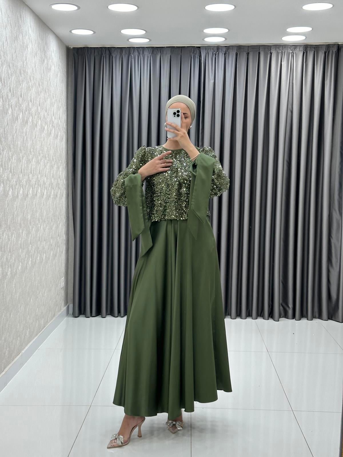 4862 H - DELFİN Fiyonk Detaylı Çift Parça Görünümlü Boncuklu Tül Abiye Elbise-Haki