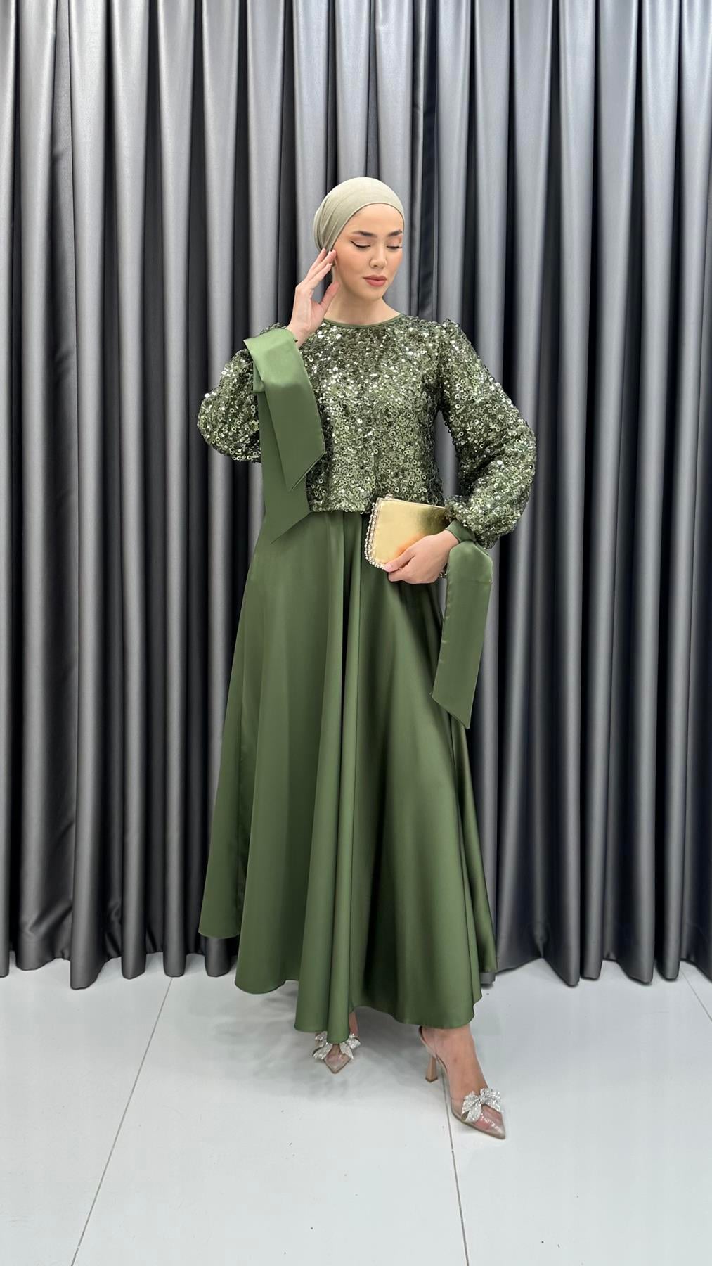 4862 H - DELFİN Fiyonk Detaylı Çift Parça Görünümlü Boncuklu Tül Abiye Elbise-Haki