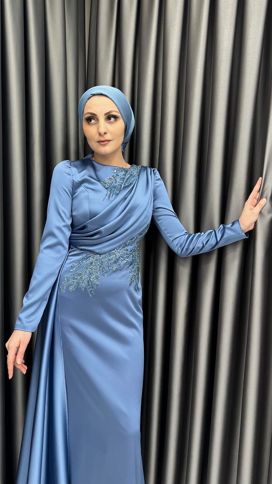 4880 F Abiye Elbise-Mavi