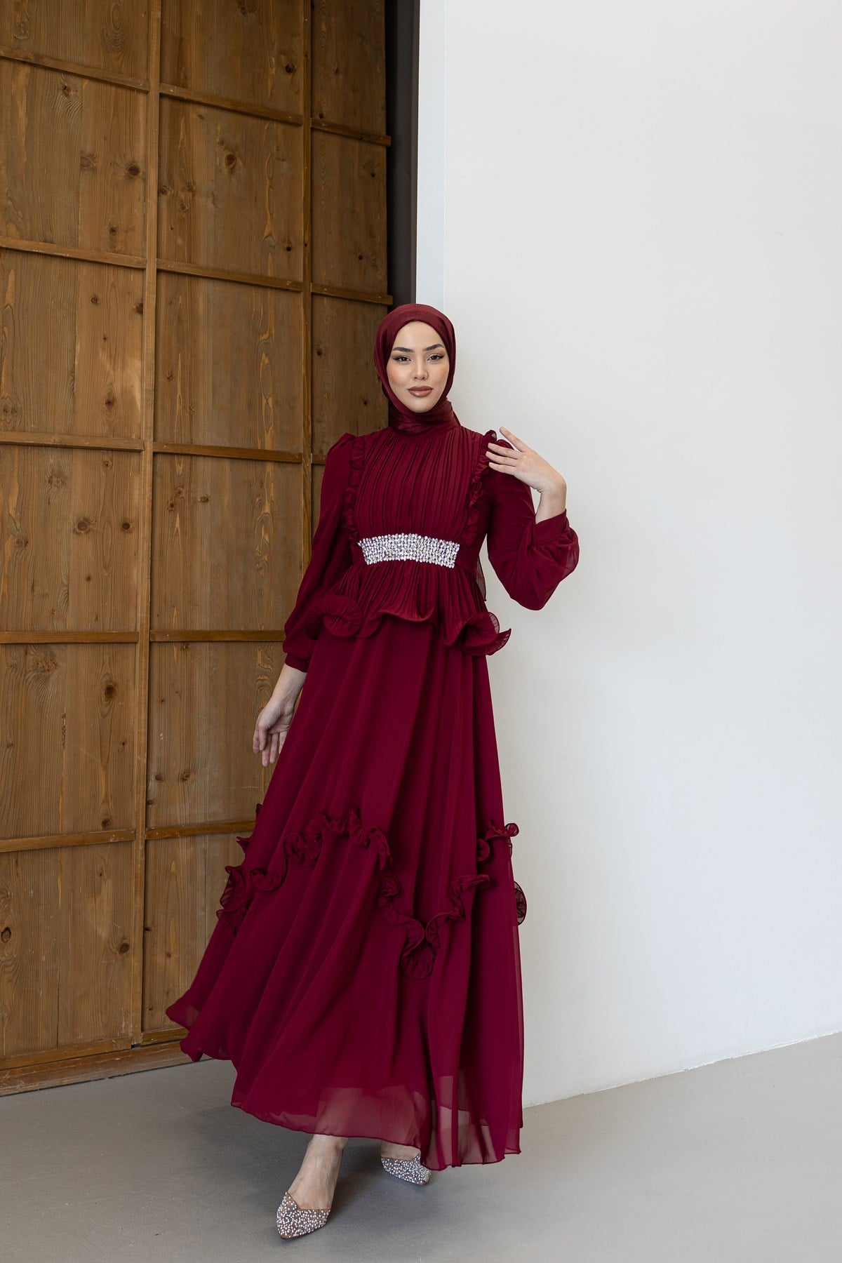 4881 T Abiye Elbise-Bordo