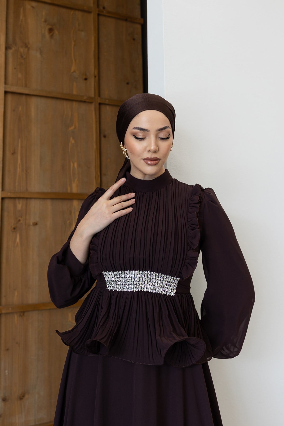 4881 T Abiye Elbise-Kahve Rengi
