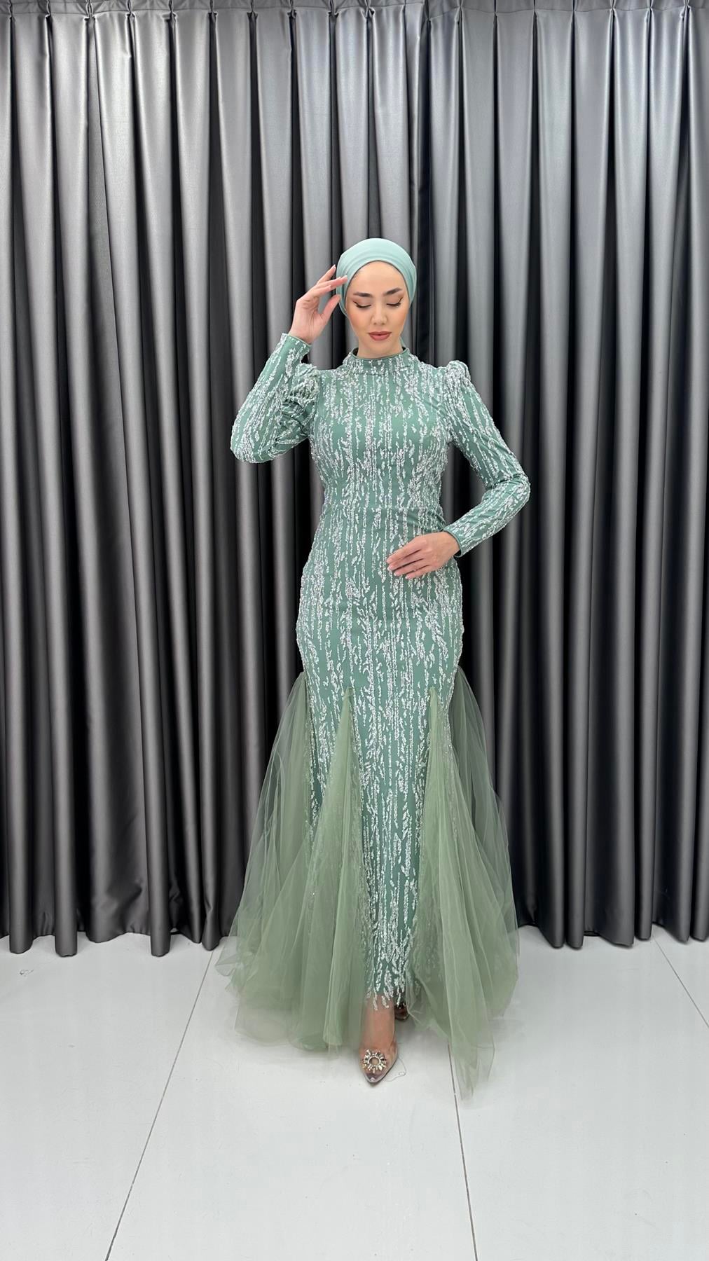 4885 H - BERFU Balık Kesim Boncuklu Tül Abiye Elbise-Mint