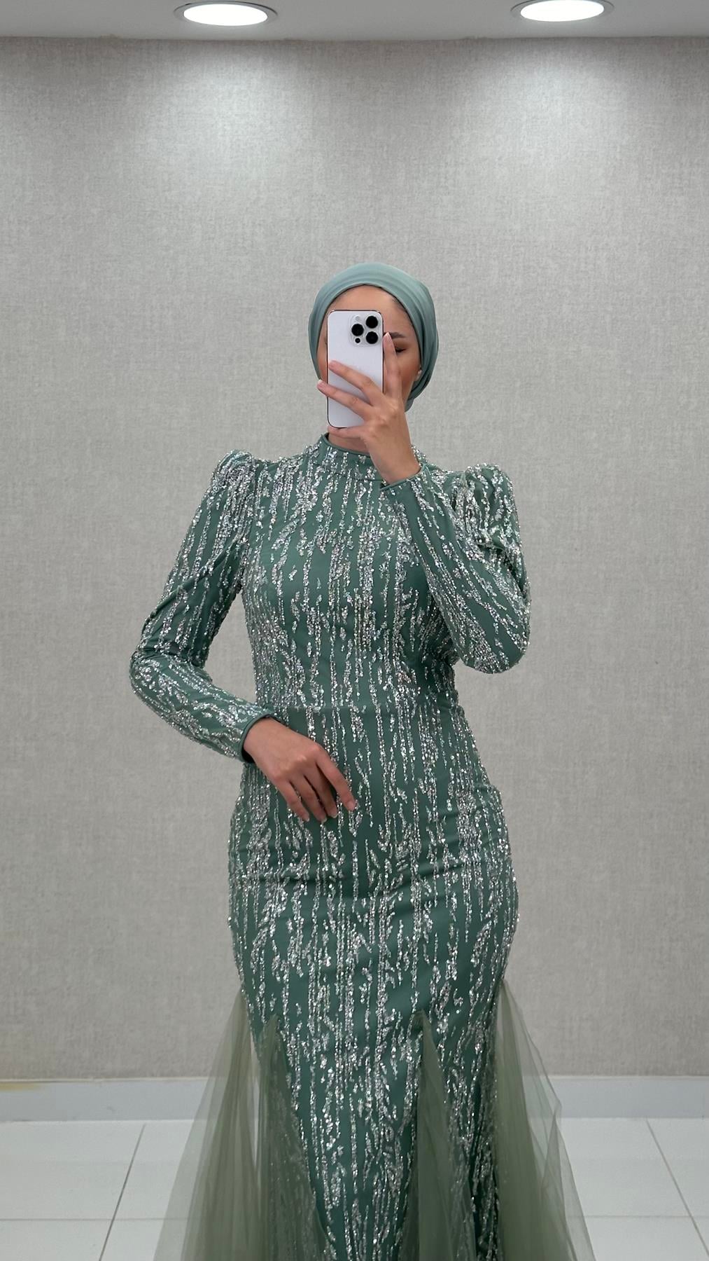 4885 H - BERFU Balık Kesim Boncuklu Tül Abiye Elbise-Mint