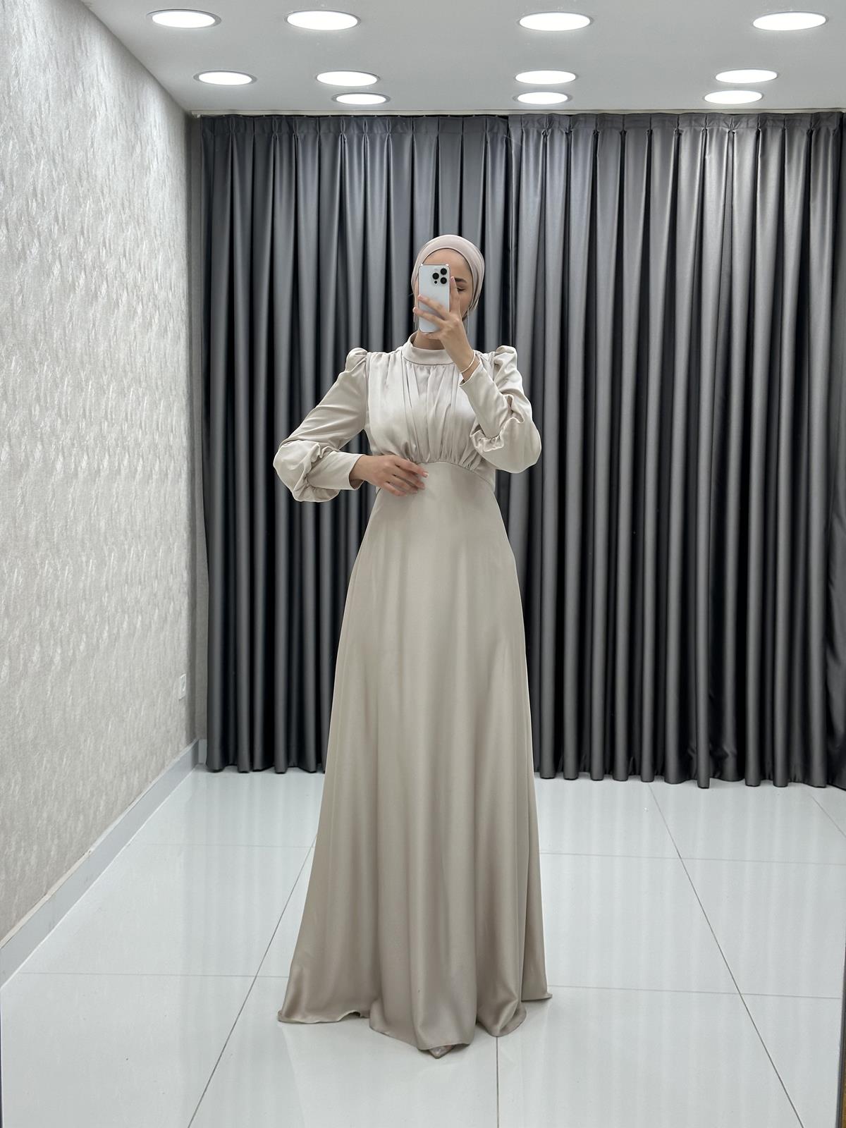 4889 H - DESEN Göğüs Drapeli ve Karpuz Kollu Saten Abiye Elbise-Bej