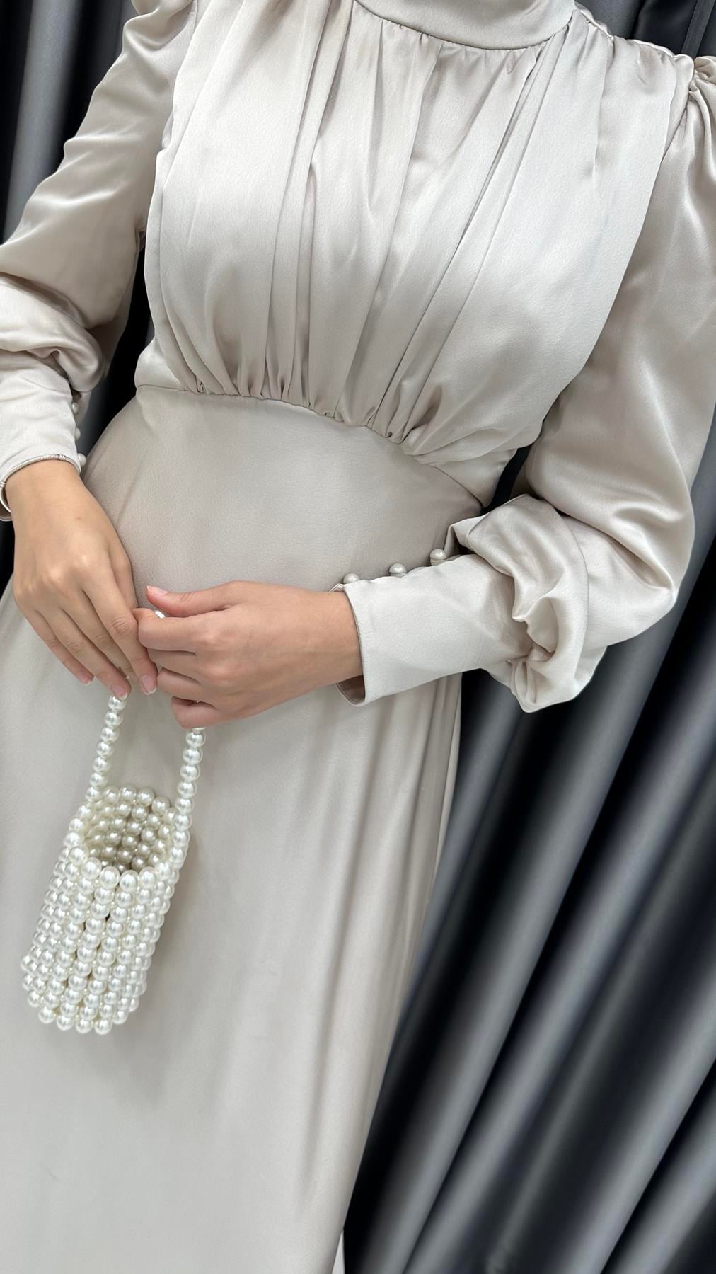 4889 H - DESEN Göğüs Drapeli ve Karpuz Kollu Saten Abiye Elbise-Bej