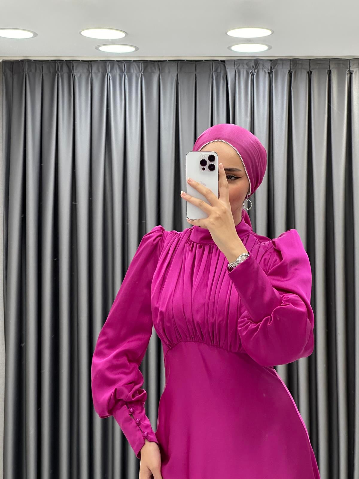 4889 H - DESEN Göğüs Drapeli ve Karpuz Kollu Saten Abiye Elbise-Fuşya