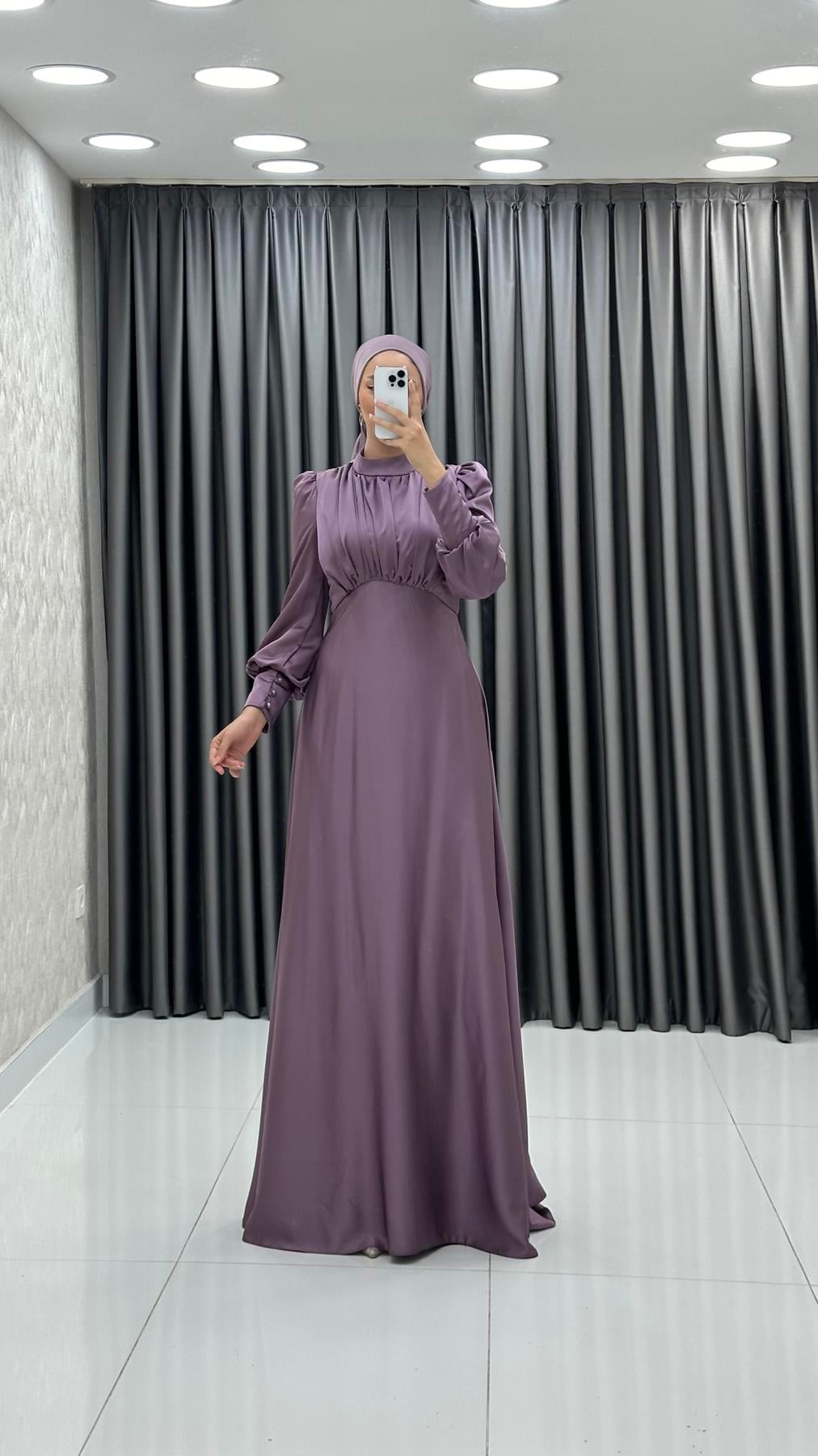 4889 H - DESEN Göğüs Drapeli ve Karpuz Kollu Saten Abiye Elbise-Lila