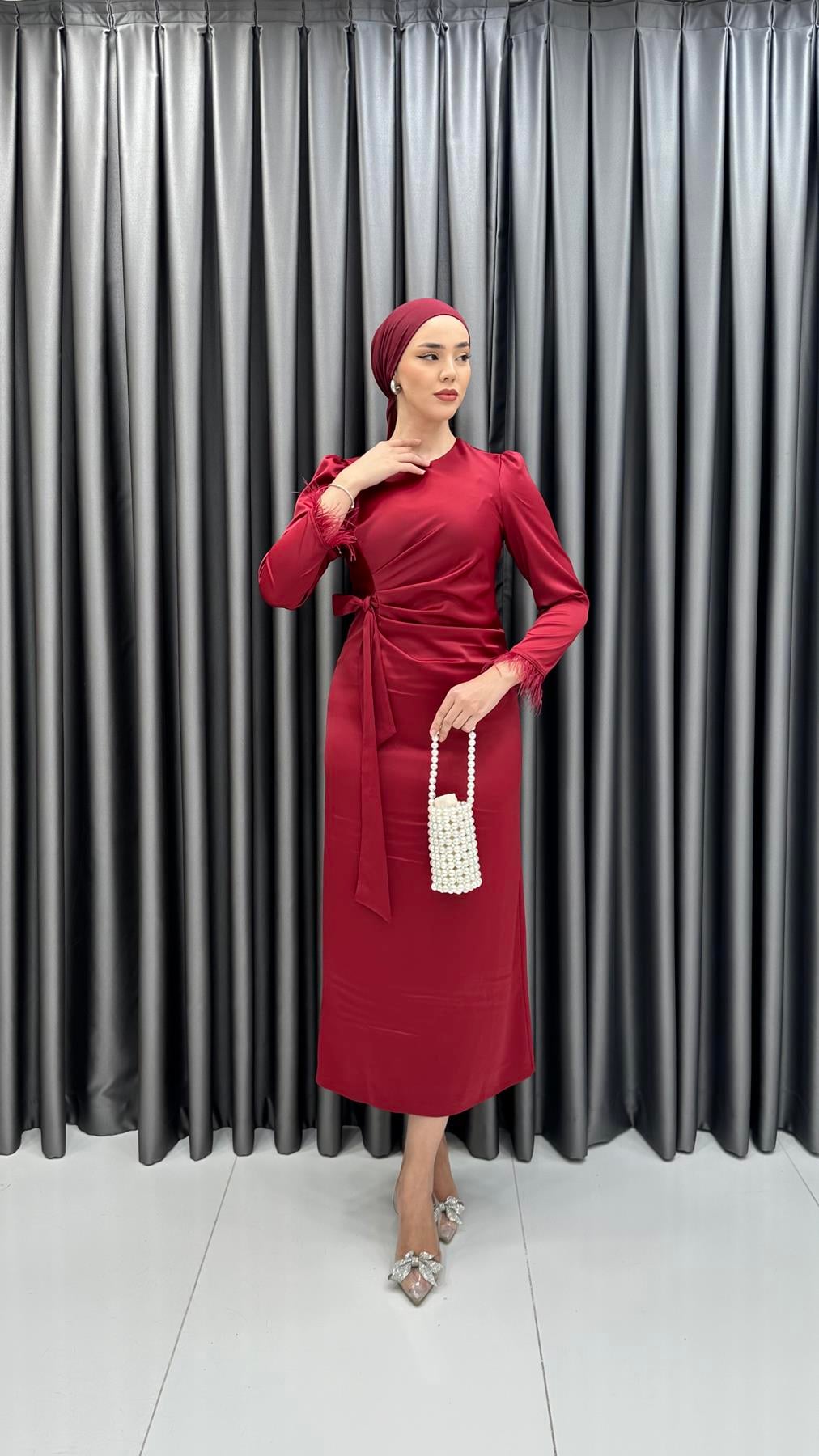 4897 S Saten Elbise-Bordo