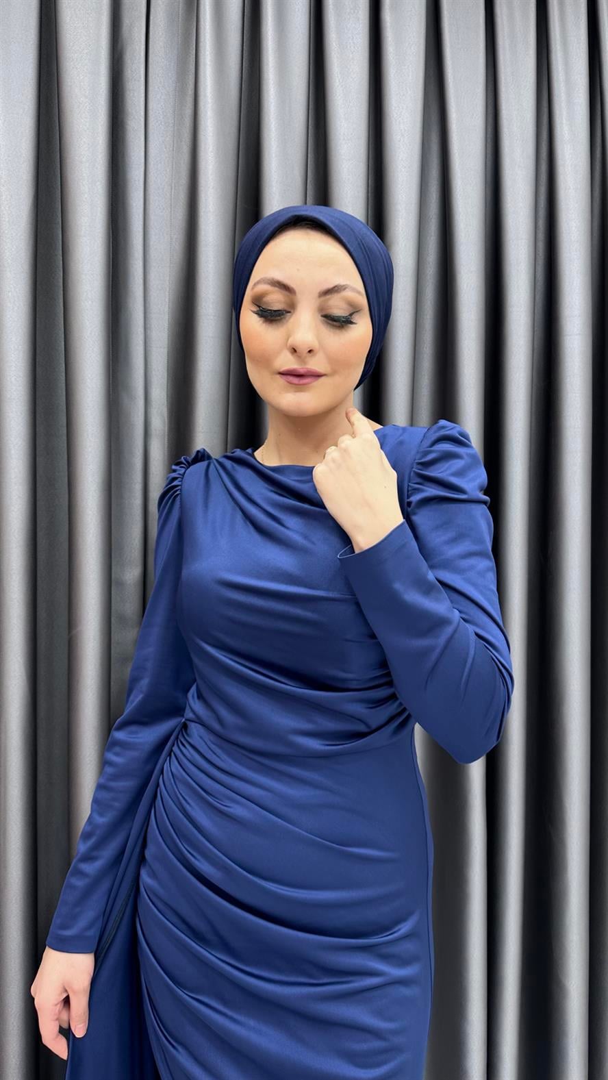 4940 F - Karpuz Kollu ve Ek Parça Etek Detaylı Drapeli Sandy Kumaş Abiye Elbise-Lacivert